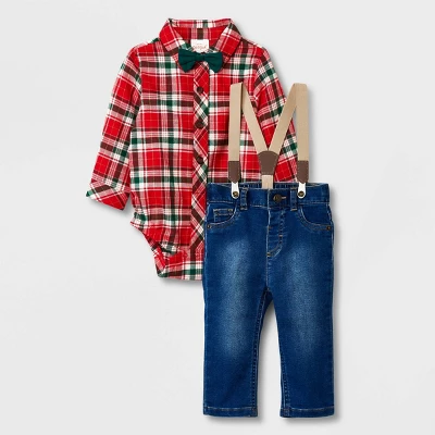 Baby Boys' Holiday Plaid Suspender Top & Bottom Set - Cat & Jack™ Red 7 Baby Boys' Holiday Plaid Suspender Top & Bottom Set - Cat & Jack™ Red - Image 5