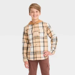 Boys' Long Sleeve Plaid Hoodie Shacket - Cat & Jack™ Beige -Cat & Jack Sales Store GUEST 39cb8c1d 320e 4daa be15 85689b9b7e9c