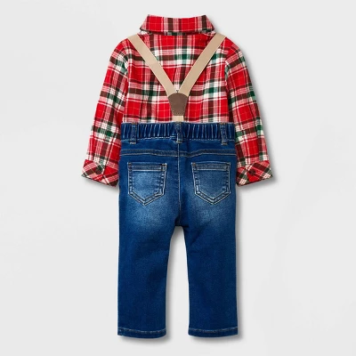 Baby Boys' Holiday Plaid Suspender Top & Bottom Set - Cat & Jack™ Red 3 Baby Boys' Holiday Plaid Suspender Top & Bottom Set - Cat & Jack™ Red