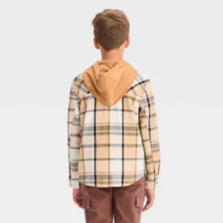 Boys' Long Sleeve Plaid Hoodie Shacket - Cat & Jack™ Beige