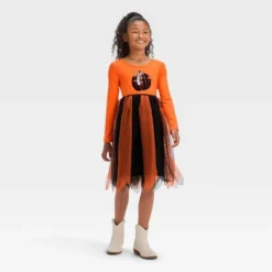 Girls' Adaptive Long Sleeve Sequin Halloween Tulle Dress - Cat & Jack™ Orange