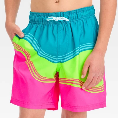 Boys' Wave Swim Shorts - Cat & Jack™ Pink/Neon Green/Turquoise Blue 3 Boys' Wave Swim Shorts - Cat & Jack™ Pink/Neon Green/Turquoise Blue